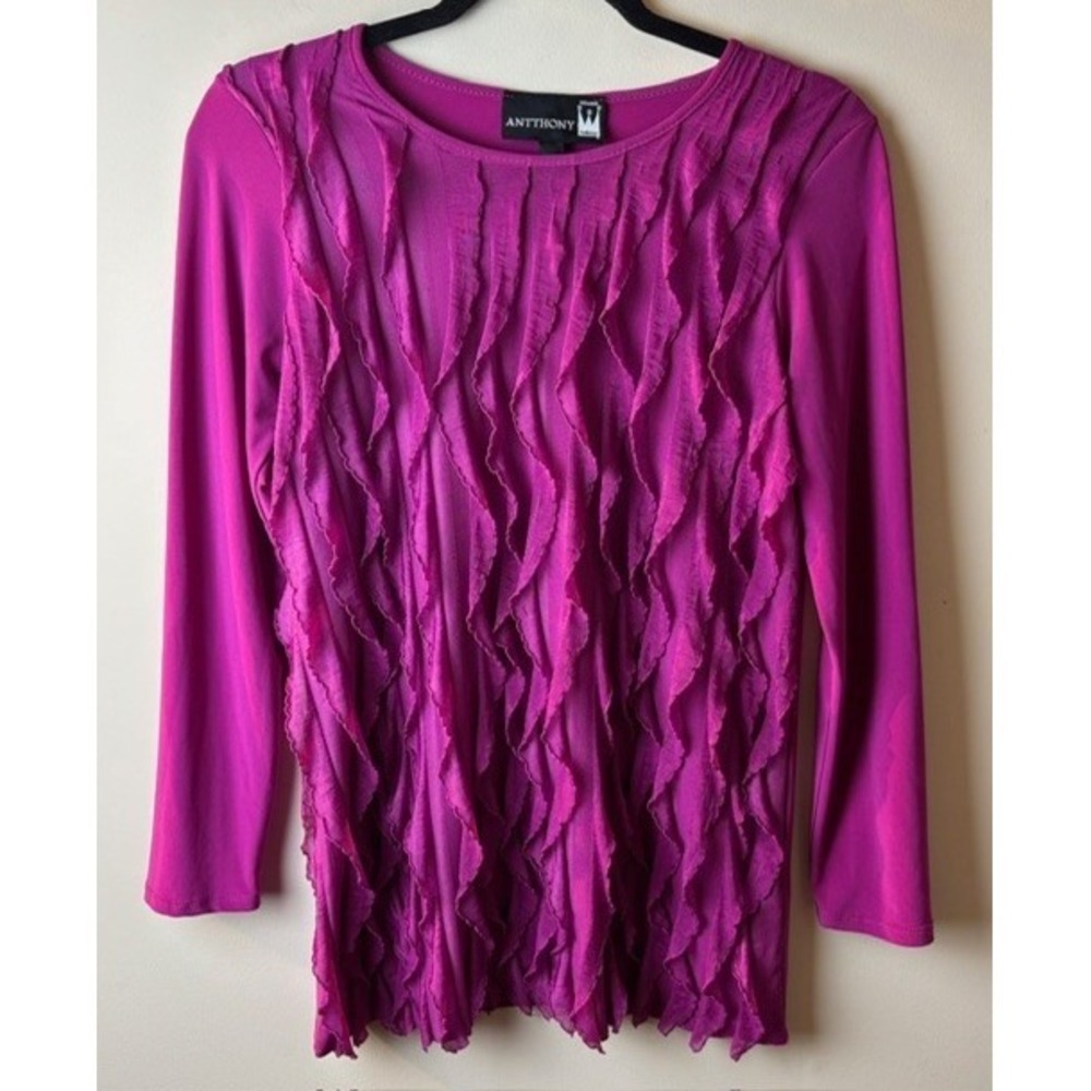 Womens XS Antthony Blouse Top Pink Vibrant Ruffle Front Scoop Neck Long Sleeve
